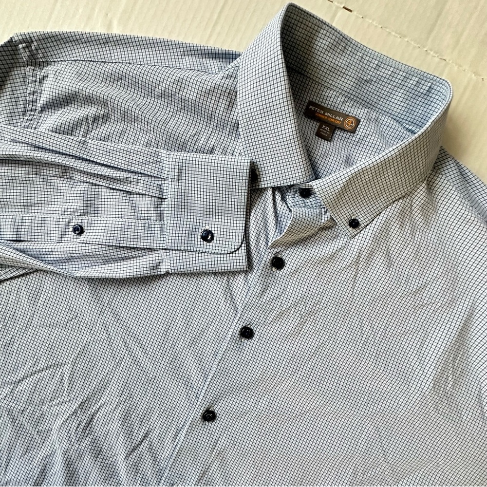 Peter Millar Summer Comfort Mens XXL‎ Button Down Blue Stretch Gingham soft